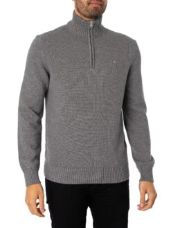 GANT Casual Cotton Half Zip Knit - Dark Grey Melange