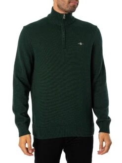 GANT Casual Cotton Half Zip Knit - Tartan Green
