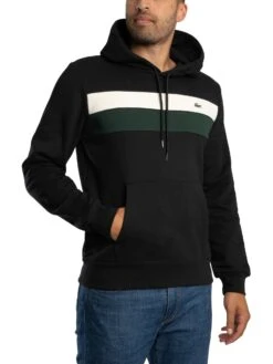 Lacoste Colour Block Fleece Pullover Hoodie - Black/White/Green