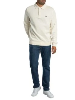 Lacoste Ribbed Cotton Polo Collar Sweatshirt - Ecru White -Standout Store 56738e
