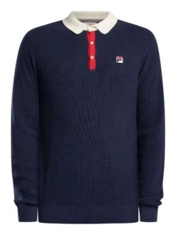 Fila Nowell Waffle Knitted Longsleeved Polo Shirt - Navy/Gardenia/Red -Standout Store 57552e